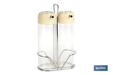Cofan – Set de Aceitera y Vinagrera con Soporte | Vidrio Borosilicato | Tapas Beige | 300 ml | Dosificador Antigoteo | Juego de 2 Piezas